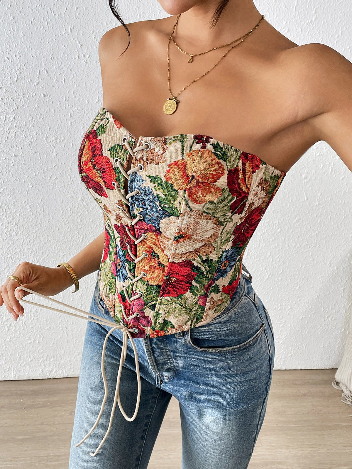 Chic Floral Print Strapless Camisole Top