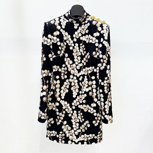 Velvet Long Sleeve Dress With Beaded Floral Print