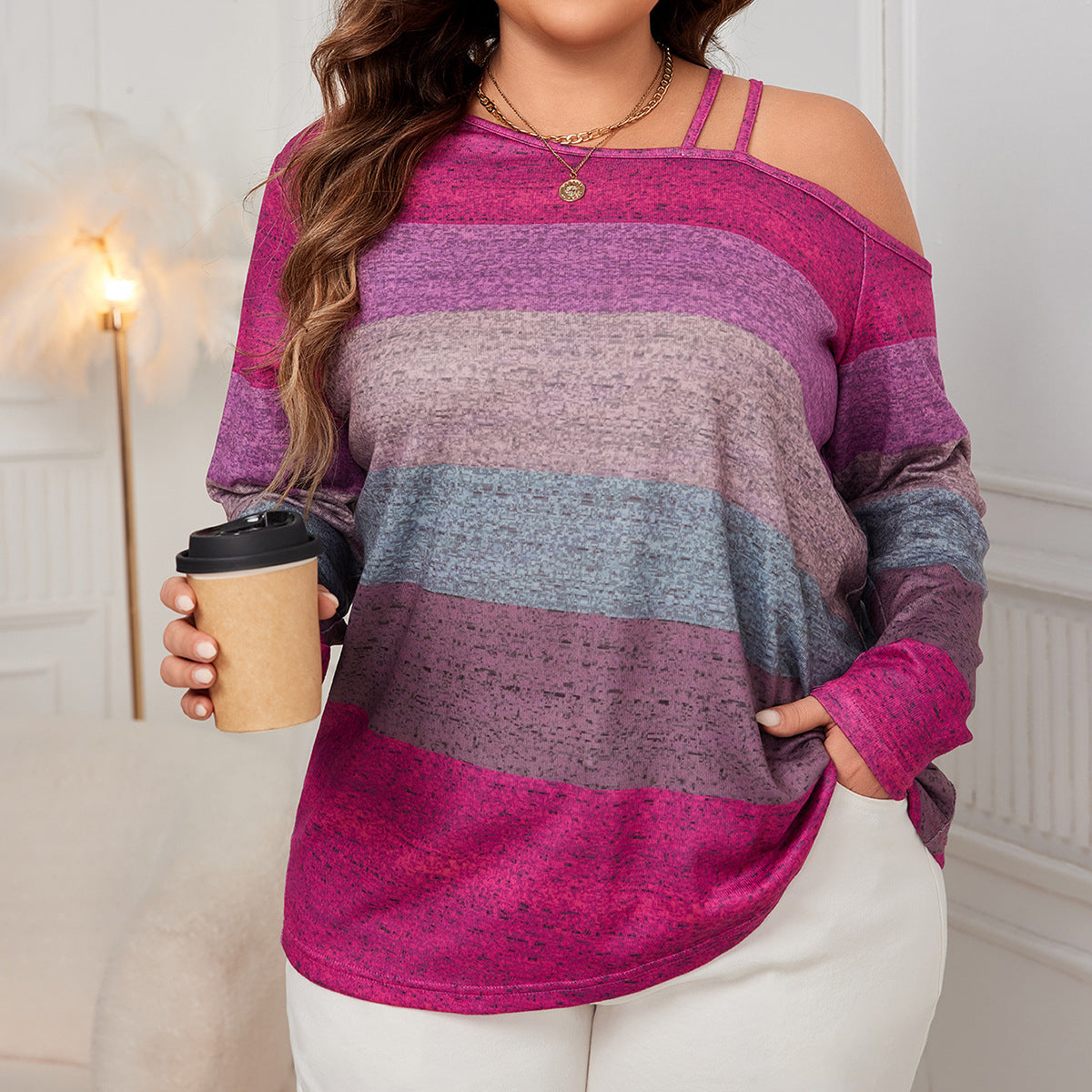 Off-Shoulder Loose Long Sleeve Shirt Color Block Top