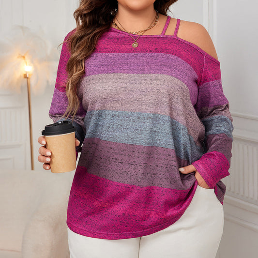 Off-Shoulder Loose Long Sleeve Shirt Color Block Top