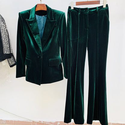 Elegant Velvet Blazer And Flare Pants Set