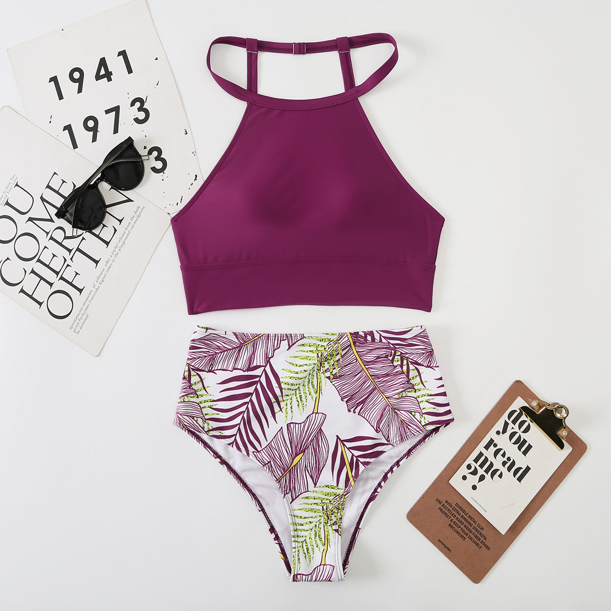 Swimsuit Women'S Split High Waist Leaf Print Solid Color Bikini