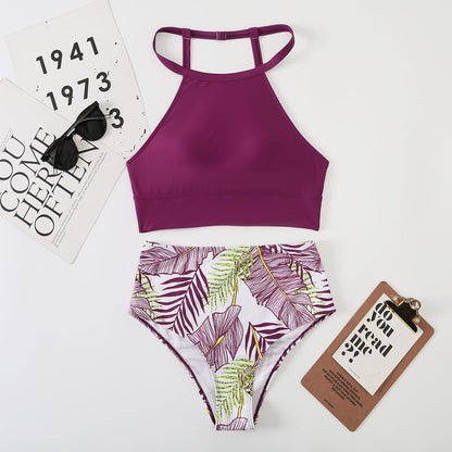 Swimsuit Women'S Split High Waist Leaf Print Solid Color Bikini
