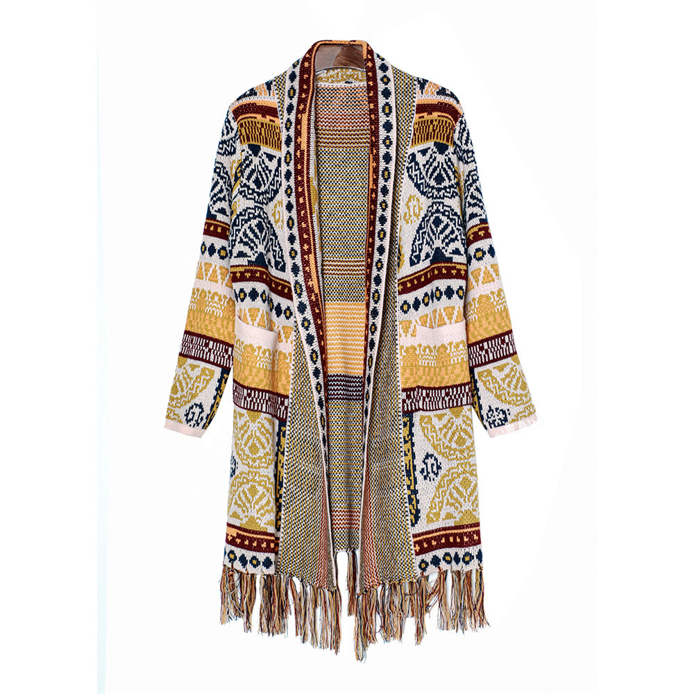 Ethnic Retro Tassel Cardigan Sweater Knitted Coat New Loose Long Sleeve Bohemian Style