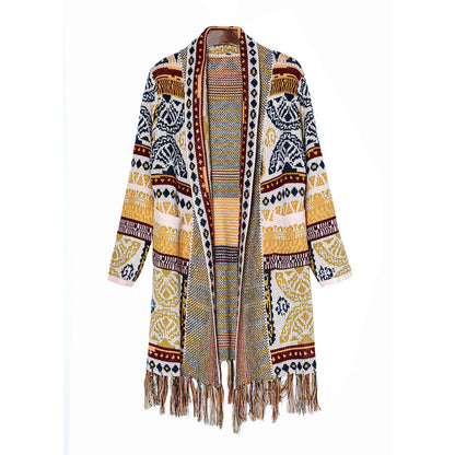 Ethnic Retro Tassel Cardigan Sweater Knitted Coat New Loose Long Sleeve Bohemian Style