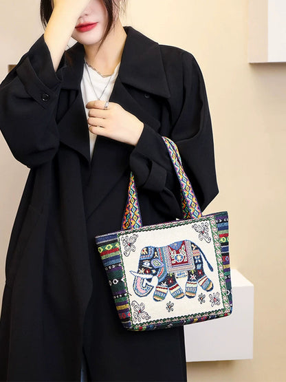 Tote Bag Women'S Bag Going Out Canvas Bag Double-Sided Casual Embroidery Large-Capacity Handbag Ethnic Style Small Square Bag