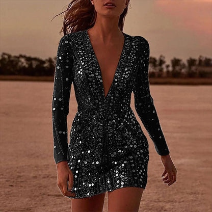 Deep V Long Sleeve Sequin Mini Dress For Women