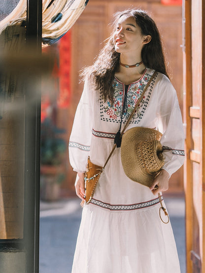 Ethnic Style Embroidered Dress, Heavy Embroidery, Sun Protection, Long Sleeve, Vintage Loose Dress
