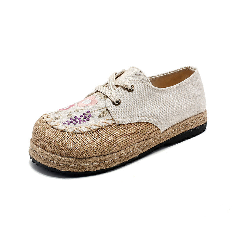 Leisure Lace Up Front Buckle Round Head Women'S Embroidered Shoes, Low Cut Flat Heel Cotton Linen Cloth Shoes, Spring And Summer Single Shoe