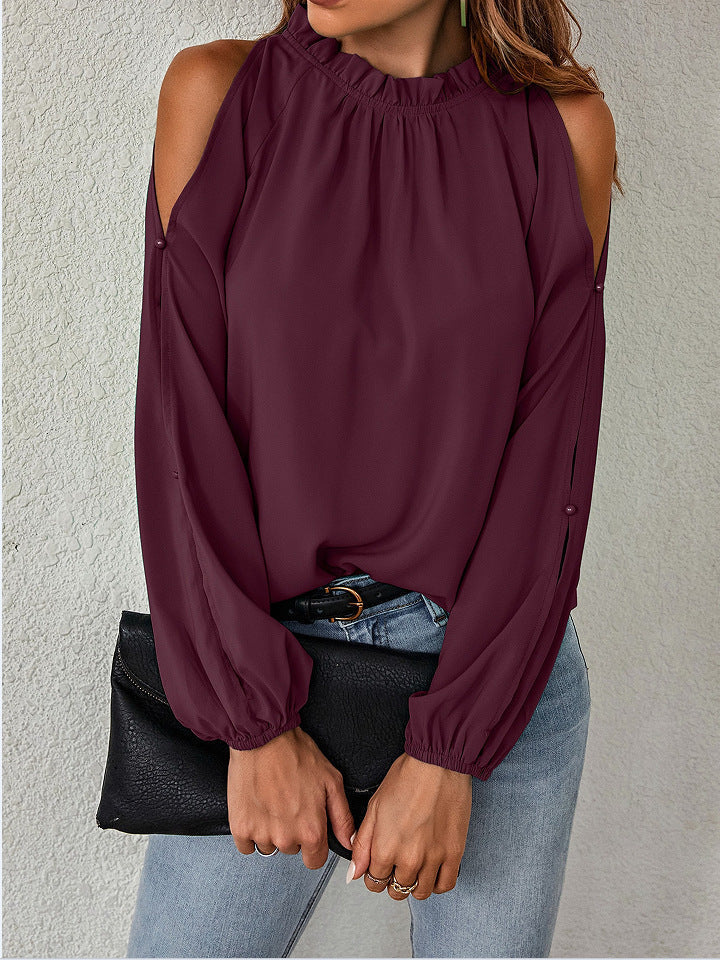New Women'S Net Color Ruffle Round Neck, Long Sleeves, Creased Pleats, Off-The-Shoulder Fashion Blouse