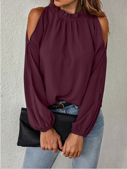New Women'S Net Color Ruffle Round Neck, Long Sleeves, Creased Pleats, Off-The-Shoulder Fashion Blouse