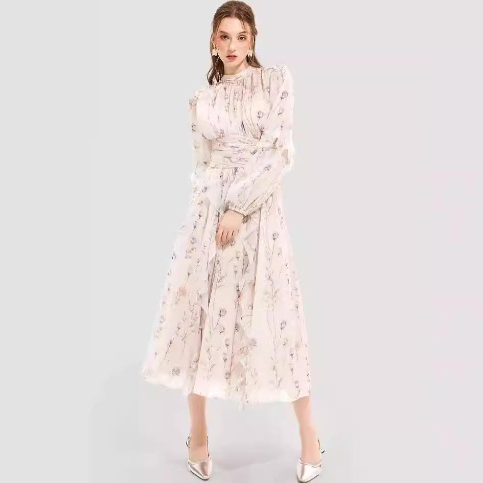 Elegant Chiffon Ruffled Long Sleeve Evening Dress