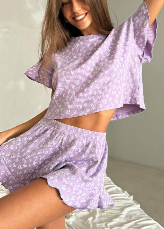 Ribbed Cotton Lounge Set With Ruffles