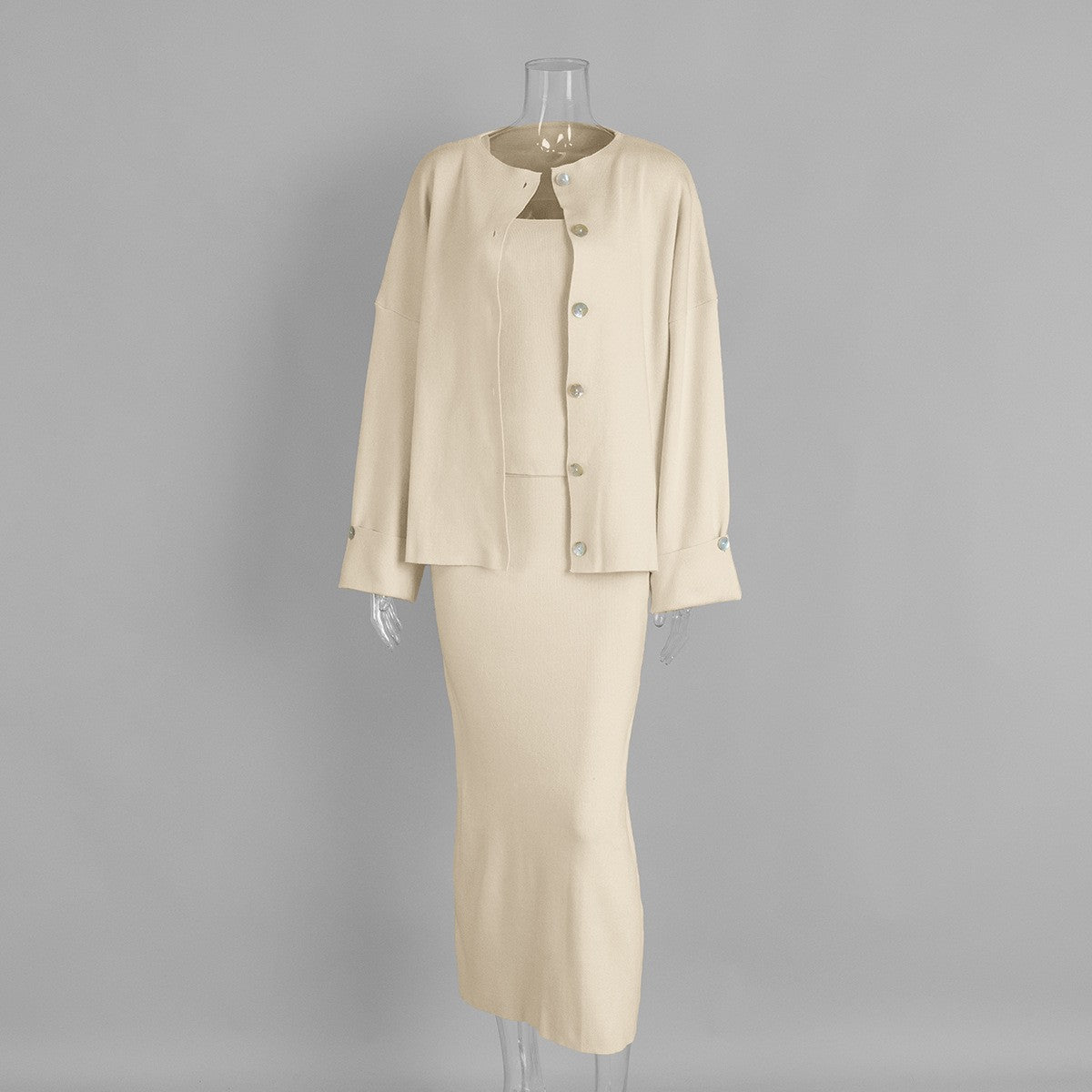 Knitted Long Sleeve Cardigan Set With Camisole And Skirt