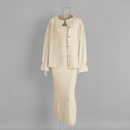 Knitted Long Sleeve Cardigan Set With Camisole And Skirt