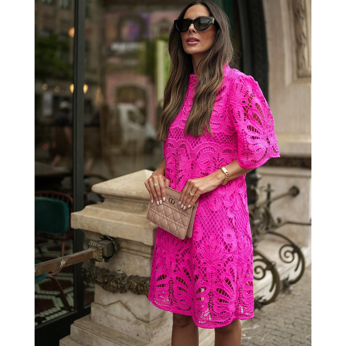 Autumn And Winter New Stand Neck Mid Sleeve Loose Fitting Dress Ins Casual Party Lace Dress