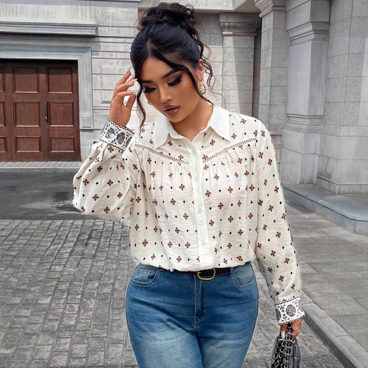 Chic Women'S Blouse With Floral Print And Lace Detail
