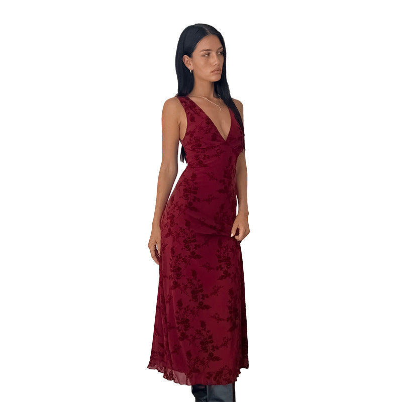 V-Neck Floral Midi Dress Slim Fit Polyester Casual