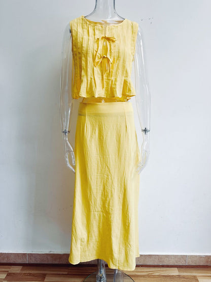 6 Colors Breathable Cotton And Linen Pleated Sleeveless Straps, Women'S Shirts, High Street Long Skirts.