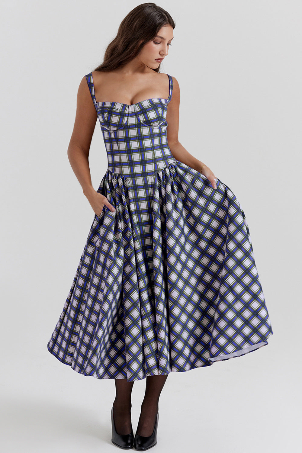 Vintage Plaid Pleated Spaghetti Dress