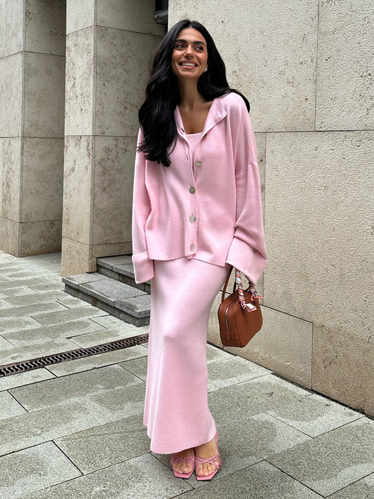 Knit Long Sleeve Cardigan Set with Cami Top and Skirt - Casual Style