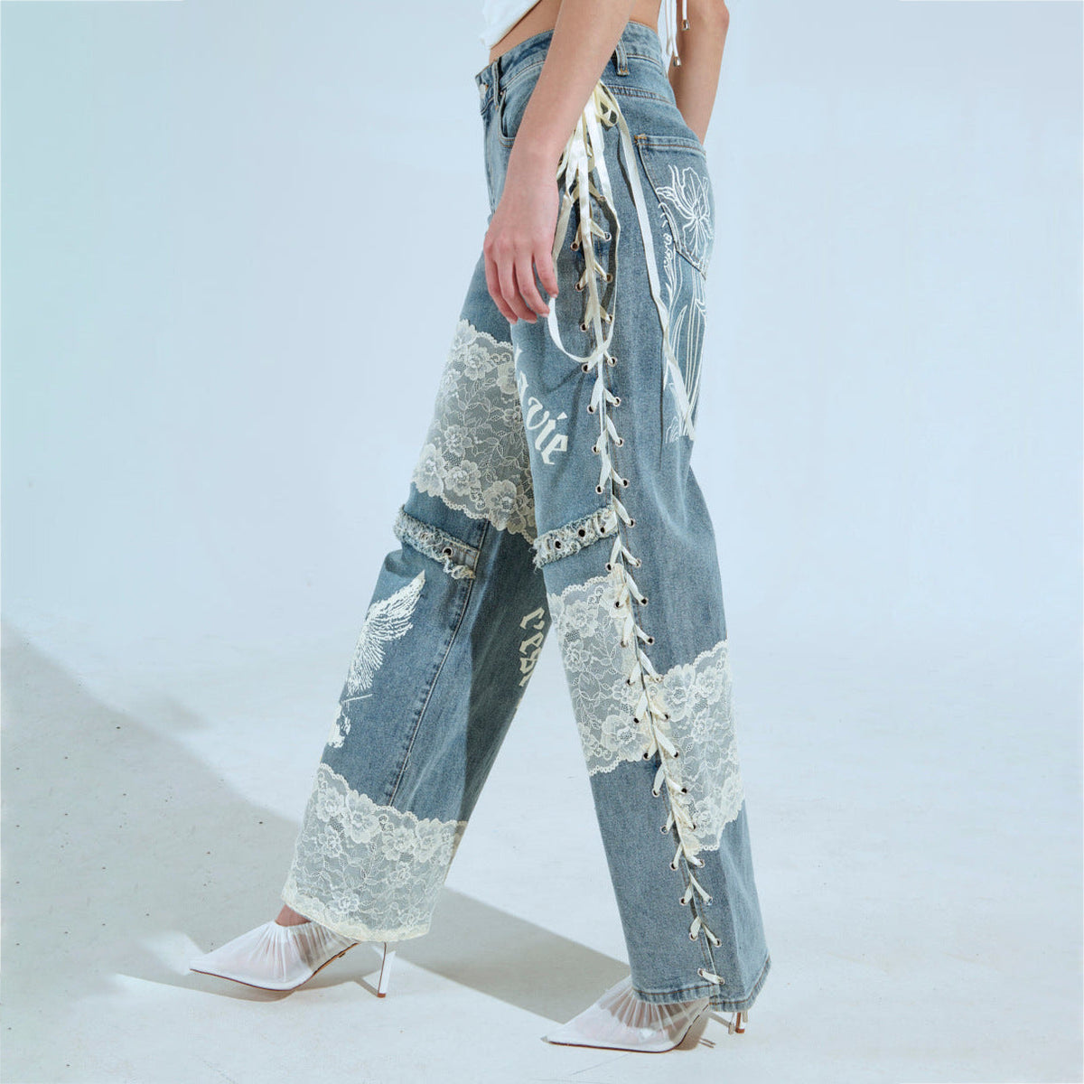 Lace Splicing Low Rise Straight Leg Jeans