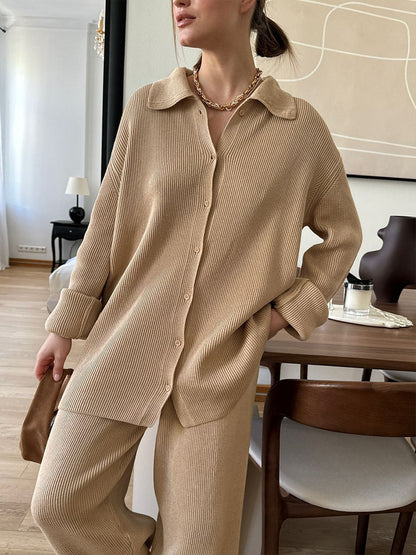 Knitted Sweater Set With Collared Long Sleeves Casual Commuter Style