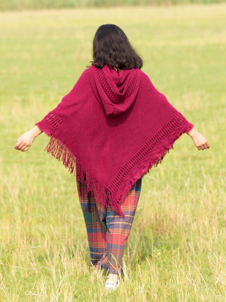 Summer Solid Color Hooded Shawl Women'S Knitting Outside With Spring And Autumn Travel Tassel Pullover Hooded Cape Shawl