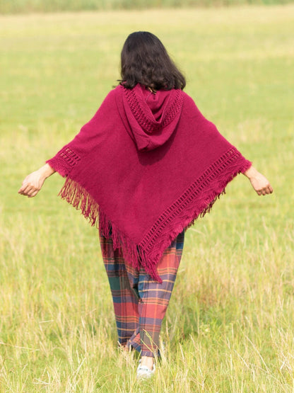 Summer Solid Color Hooded Shawl Women'S Knitting Outside With Spring And Autumn Travel Tassel Pullover Hooded Cape Shawl