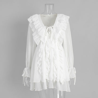 Chiffon Long Sleeve Dress With Lantern Sleeves And Ruffled Hem