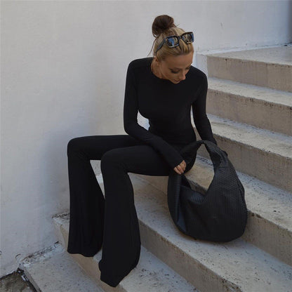 Women'S Black Long Sleeve Bodysuit With Backless Design