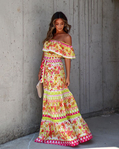 Spring And Summer New One-Shoulder Print Long Swing Dress