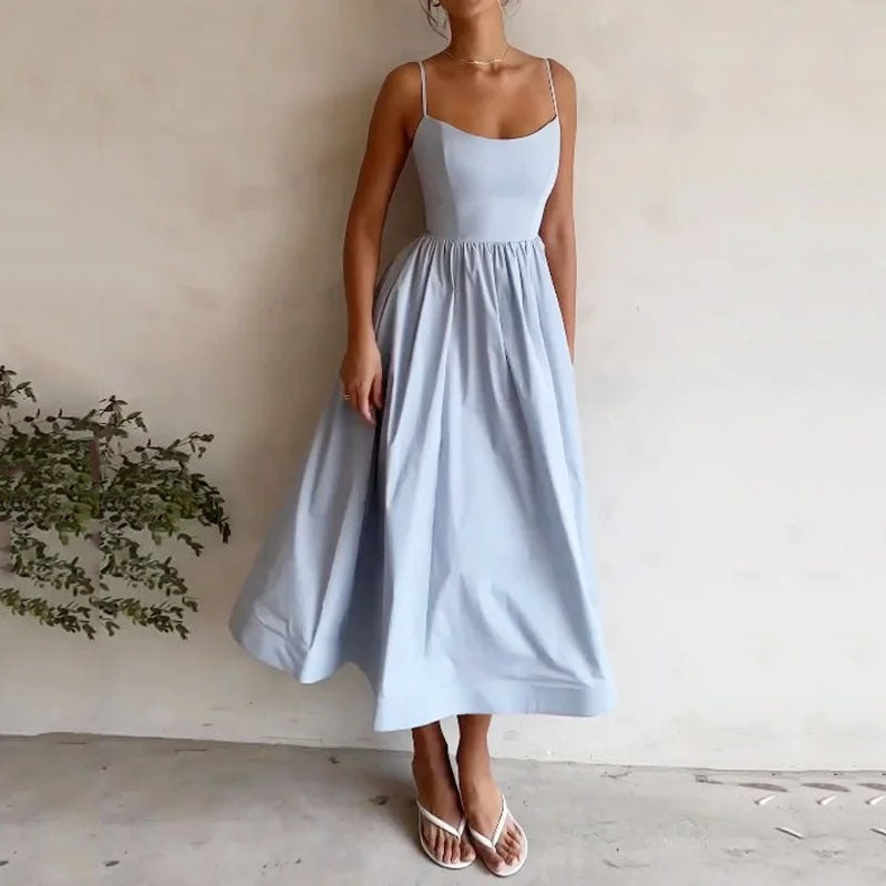 New Women's Casual A-Line Dress Solid Color Pleated Maxi Dress