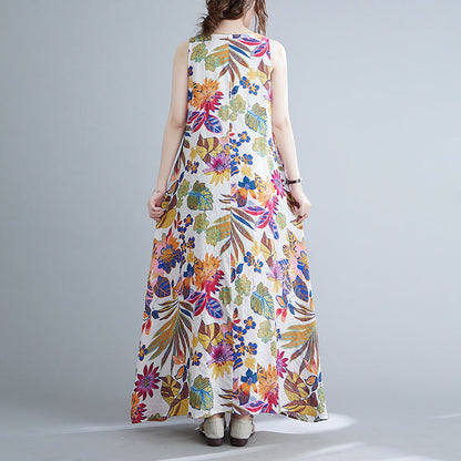 Cotton Linen Dress Loose Large Size Ethnic Style Retro Print Breathable Large Swing Camisole Robe