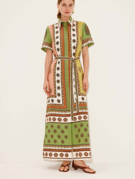 Elegant Floral Linen Midi Dress with Waist Tie