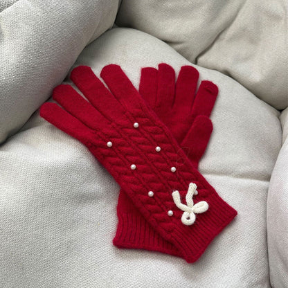 Solid Color Bow Knot Wool Winter Gloves