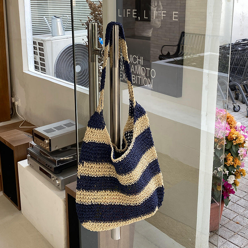Striped Woven Straw Tote Bag Handcrafted for Beach