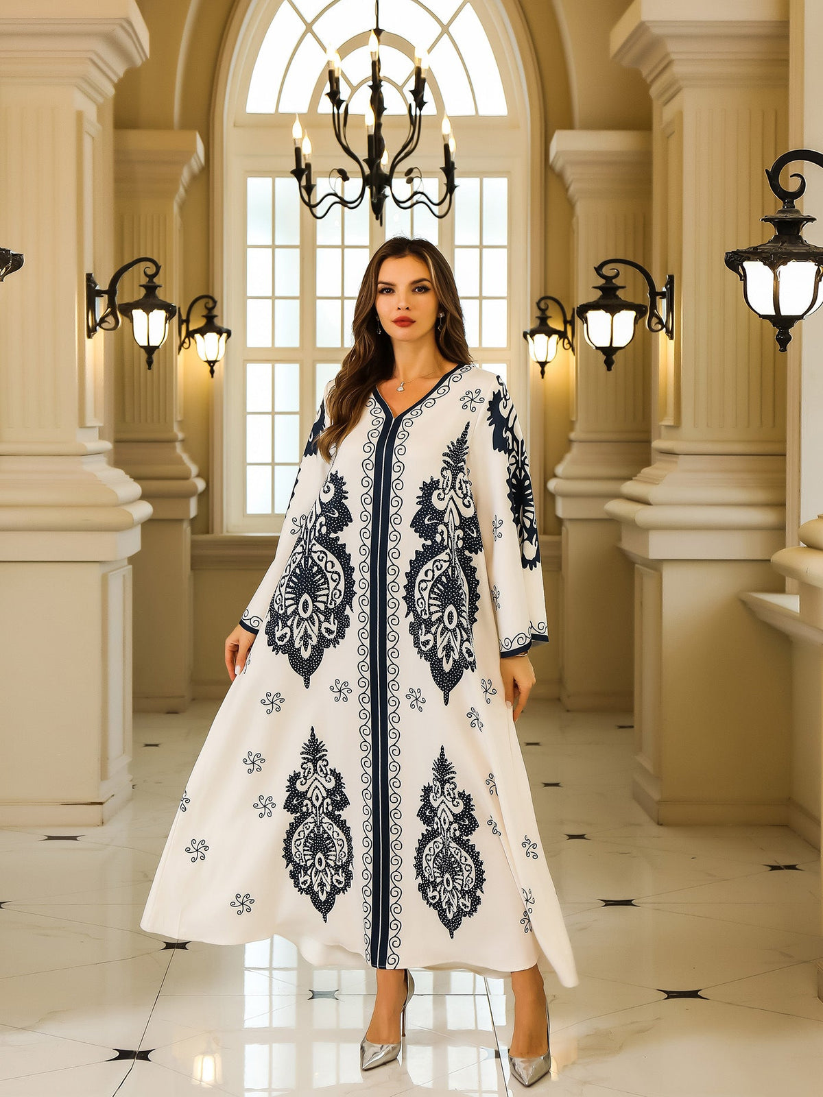 Women's Long Abaya with Rhinestone Detail