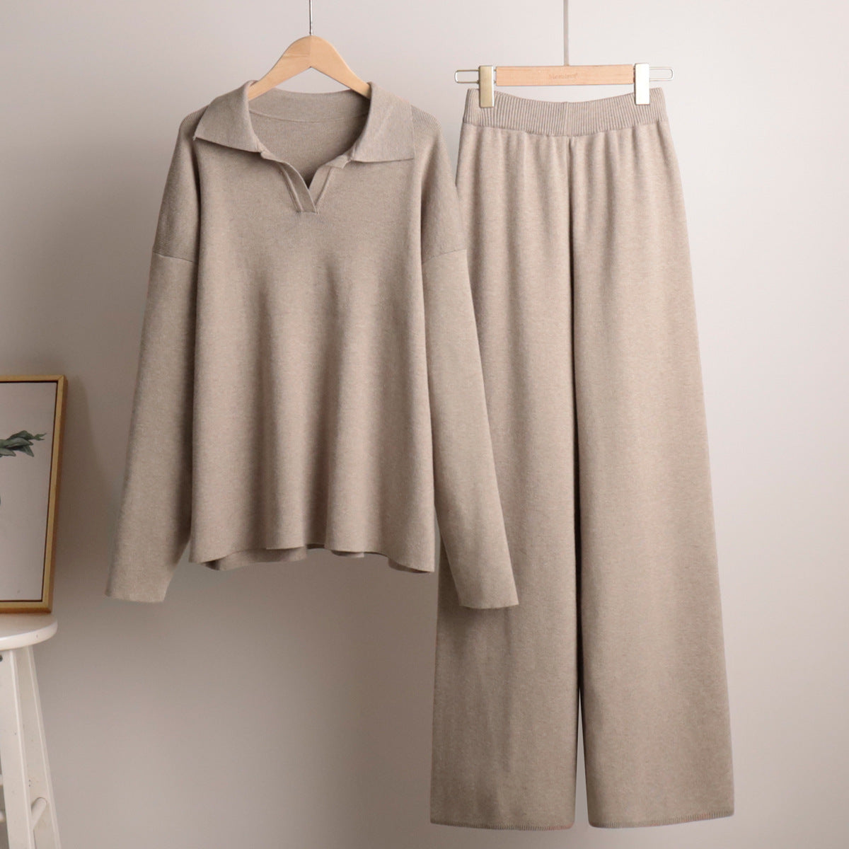 Knitted Sweater Set with Polo Neck and Wide Leg Pants for Casual Style