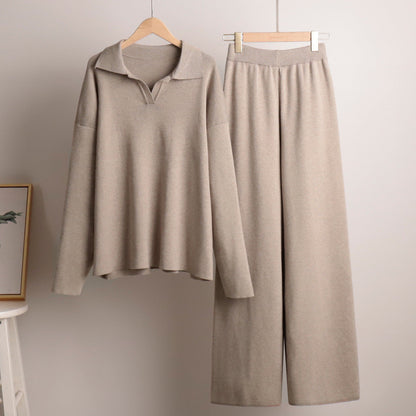 Knitted Sweater Set with Polo Neck and Wide Leg Pants for Casual Style