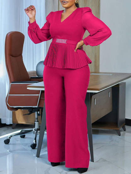 Elegant Fashion Office V-Neck Long Sleeve Ruched Waist Top And Wide Leg Pants Set