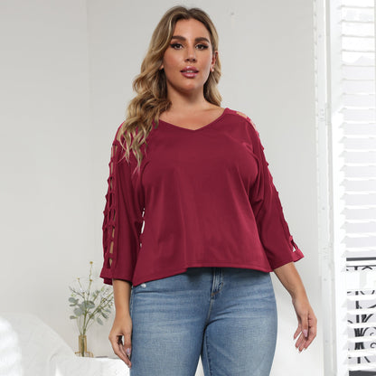 V-Neck Hollow Out Batwing Sleeve Plus Size Top