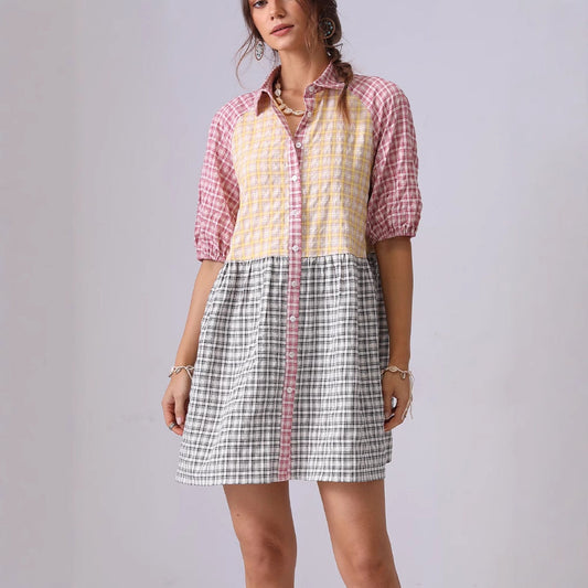 Colorful Plaid Splicing Lapel Mini Dress