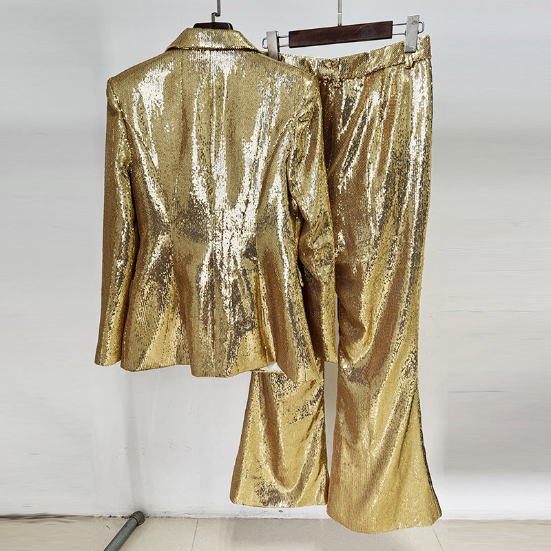 Gold Sequin Blazer And Trouser Set Stylish Two-Piece