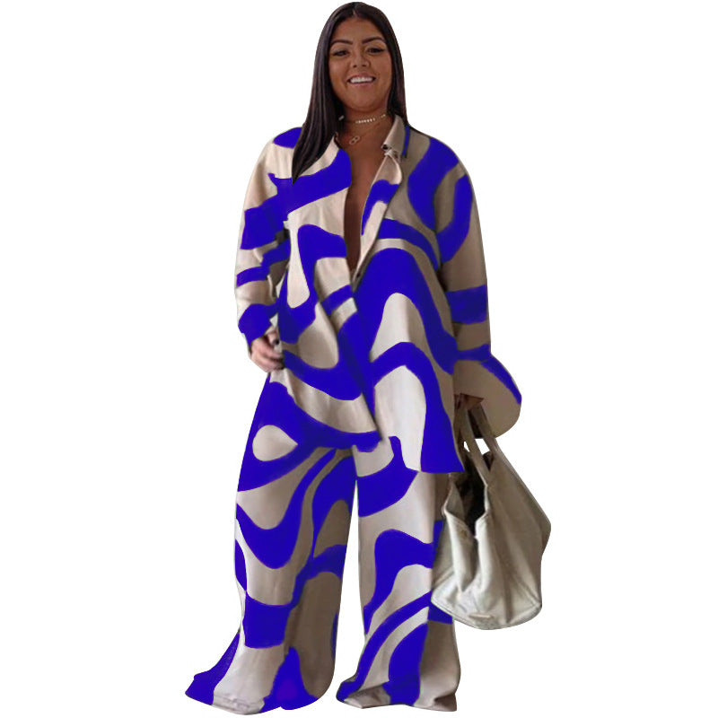 Chic Printed Loose-Fitting Long Sleeve Shirt And Straight Pants Set