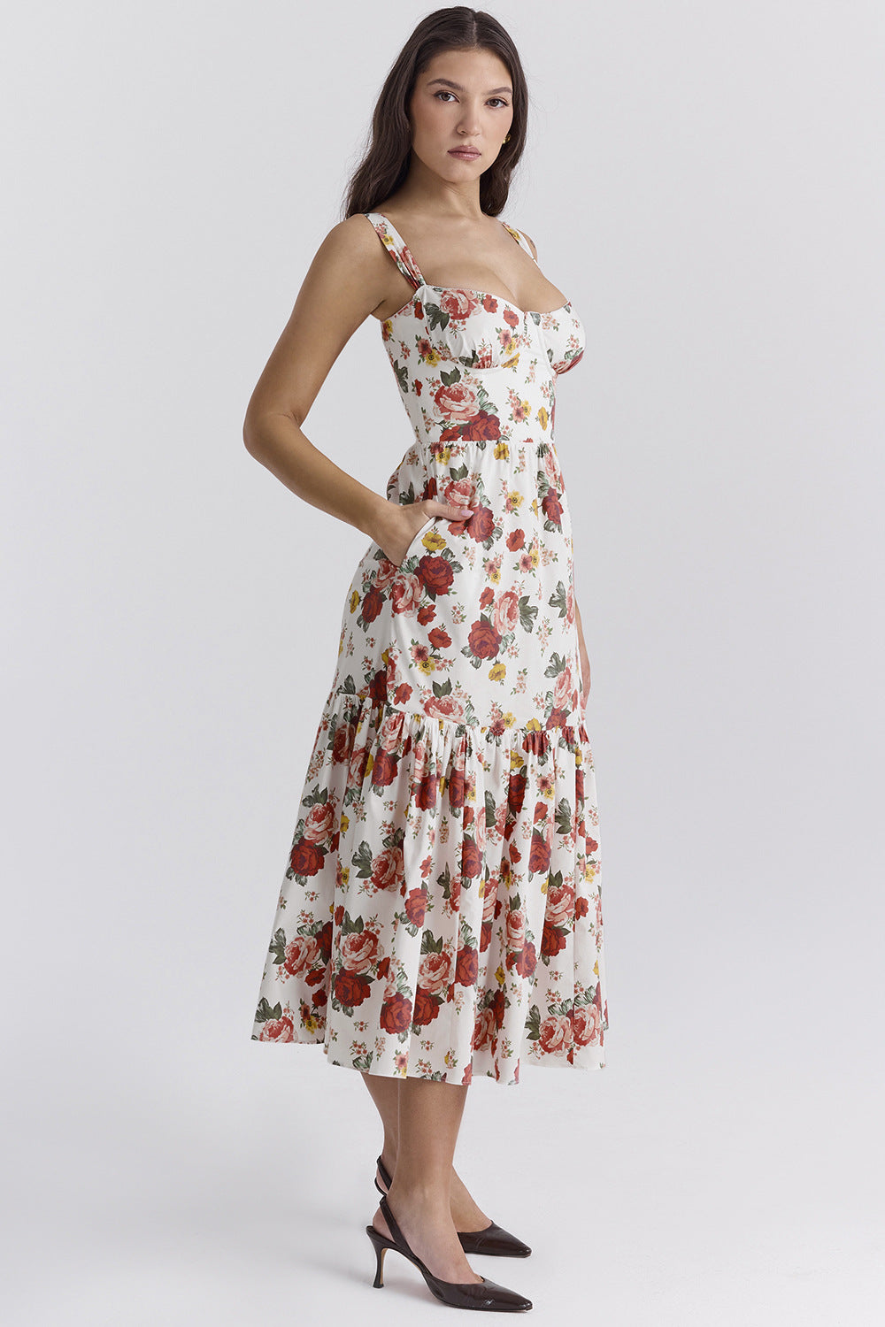 Corset Floral Midi Aline Spaghetti Dress