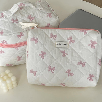 Quilted Makeup Bag with Bow Cute Portable Storage Bag