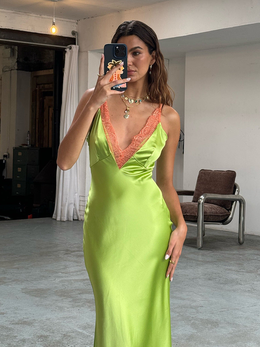 Lace Trim V-Neck Cami Maxi Dress