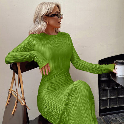 Women'S Fashion Casual Solid Color Round Neck Long Sleeves Slim Pleated Long Skirt Pressed Pleated Dress