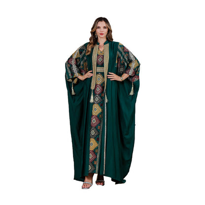 Embroidered Muslim Abaya Dress Set with Elegant Long Robe
